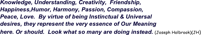 Knowledge, Understanding, Creativity,  Friendship, 
Happiness,Humor, Harmony, Passion, Compassion, 
Peace, Love.  By virtue of being Instinctual & Universal 
desires, they represent the very essence of Our Meaning
here. Or should.  Look what so many are doing instead. (Joseph Holbrook)(JH) 