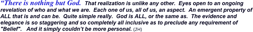 “There is nothing but God.  That realization is unlike any other.  Eyes open to an ongoing revelation of who and what we are.  Each one of us, all of us, an aspect.  An emergent property of ALL that is and can be.  Quite simple really.  God is ALL, or the same as.  The evidence and elegance is so staggering and so completely all inclusive as to preclude any requirement of "Belief".   And it simply couldn’t be more personal. (JH)